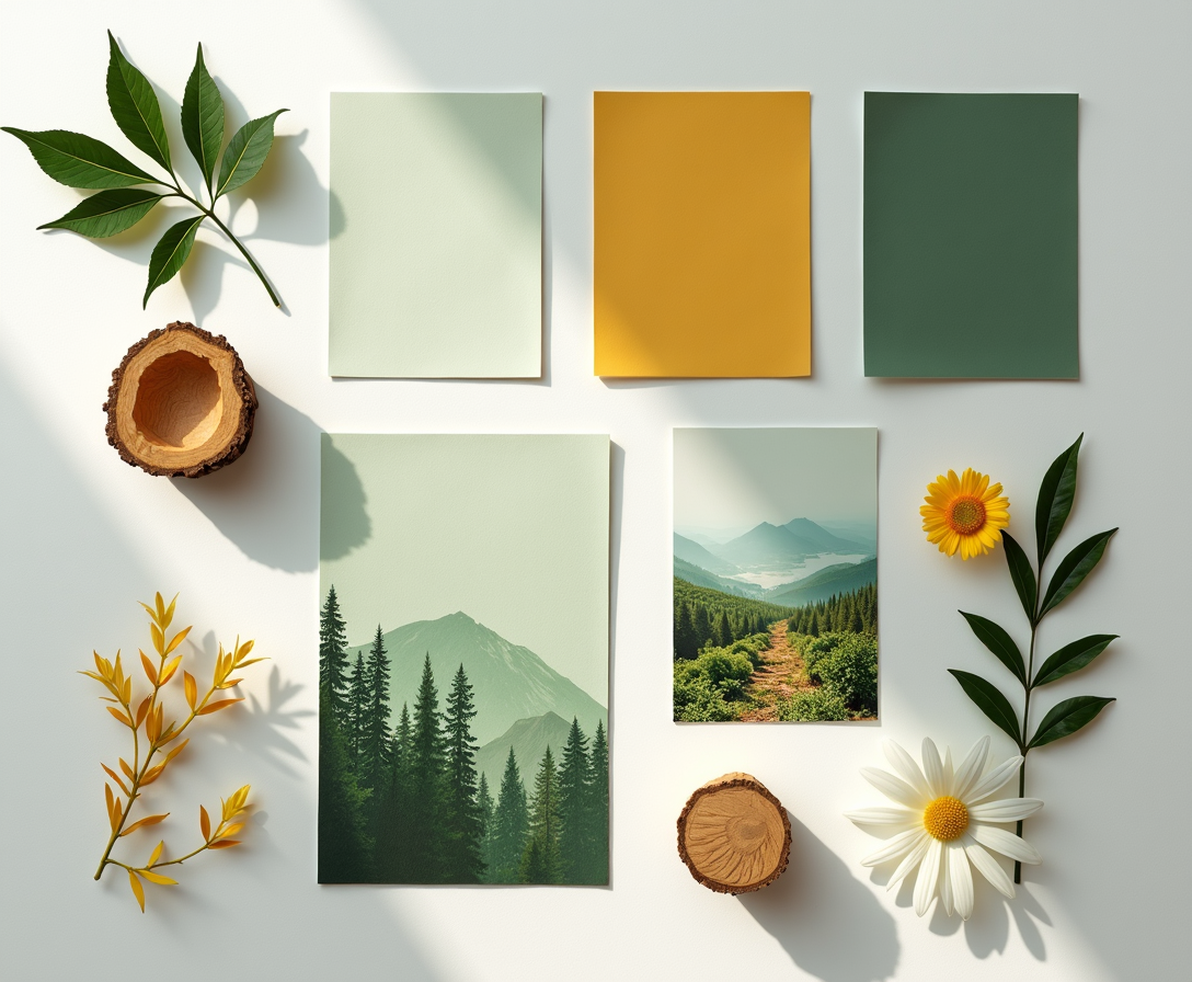 A bright, minimalist flat lay of moodboard elements inspired by nature