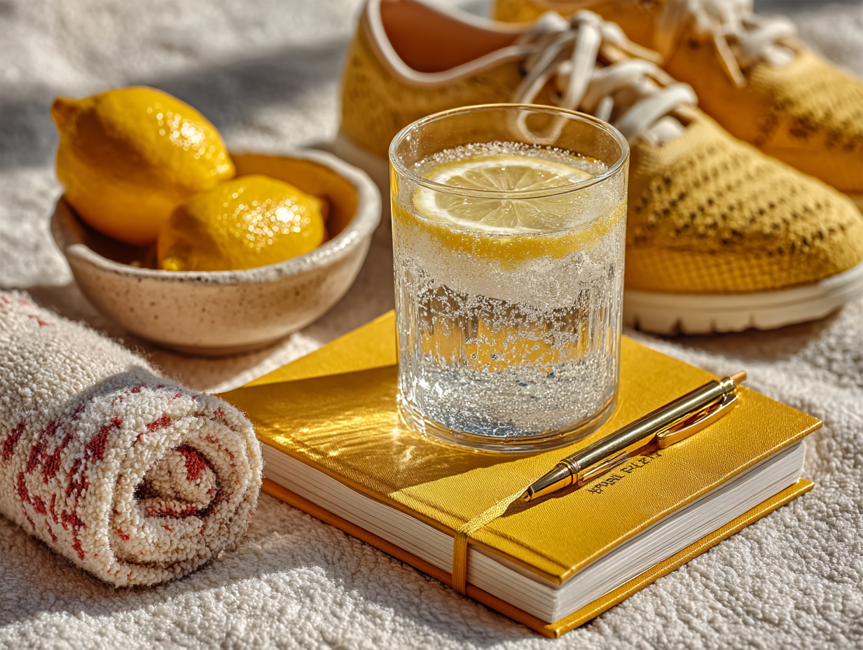a glass of water with lemon, a bowl of fresh fruit, a yoga mat, a journal with a pen, and a pair of walking shoes