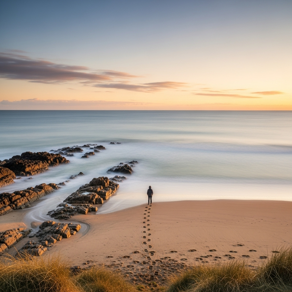 Photorealistic seascape, [golden hour] at [rocky UK coastline or dune-backed beach]