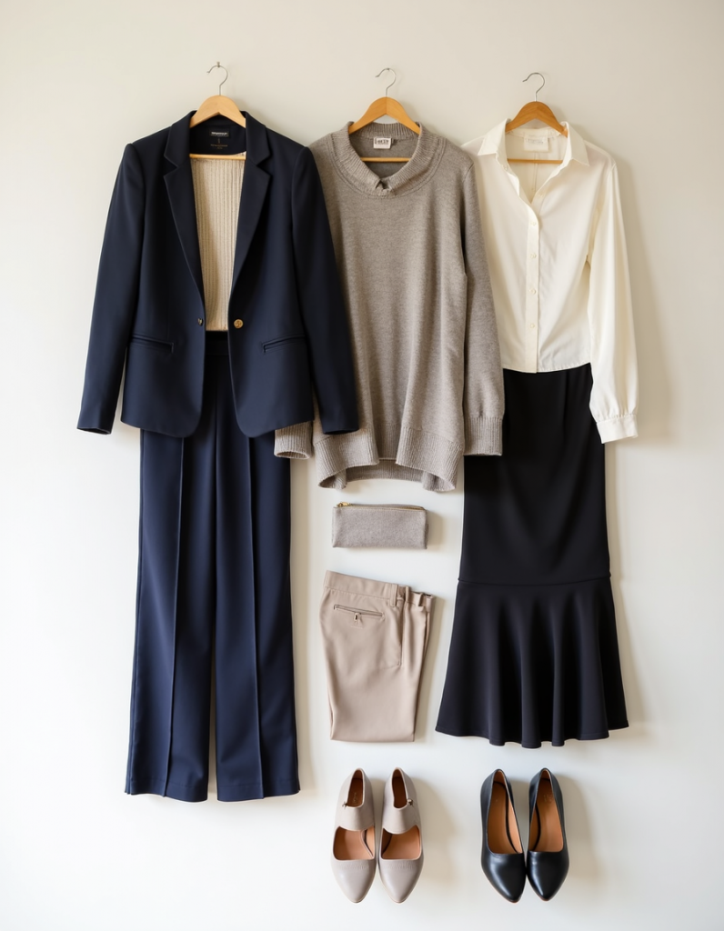 Capsule wardrobe staples for women over 60 including jacket knit tops trousers dress and supportive shoes