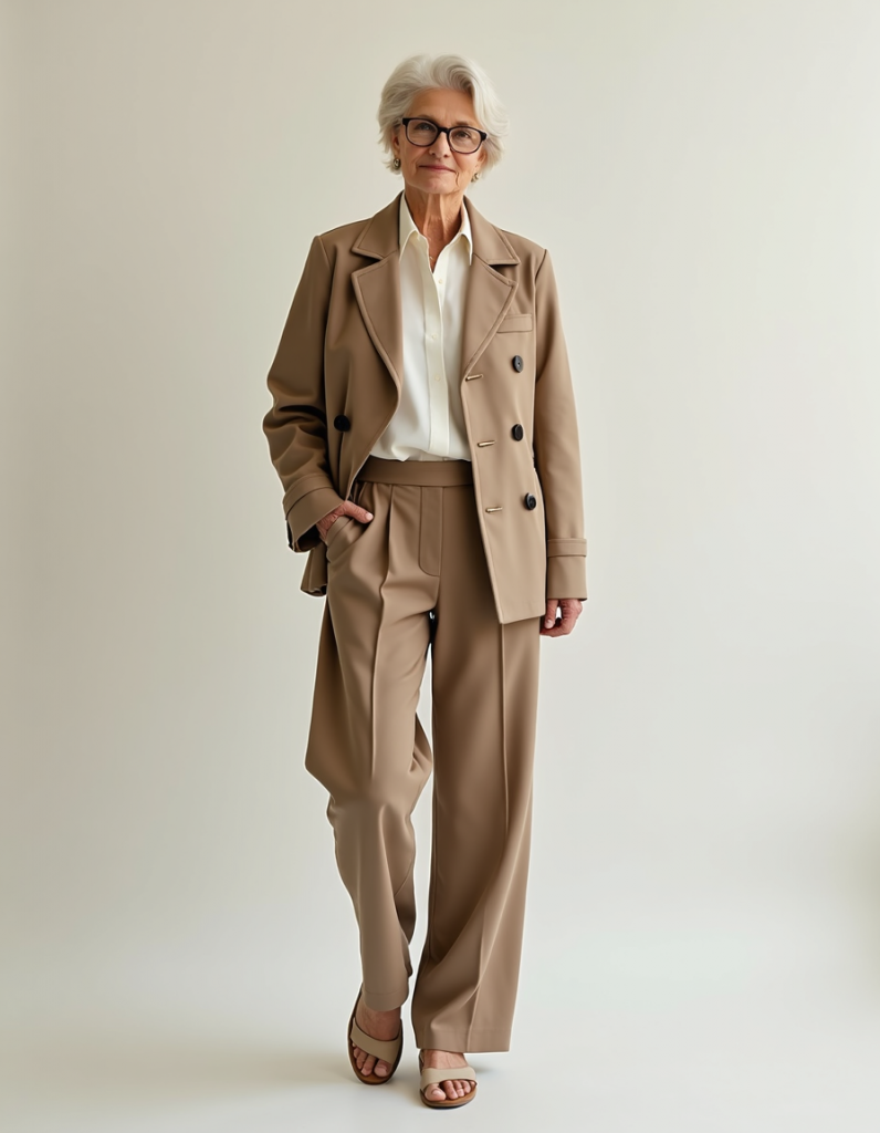 Simple capsule wardrobe outfit combinations for women over 60 in coordinated neutral colours