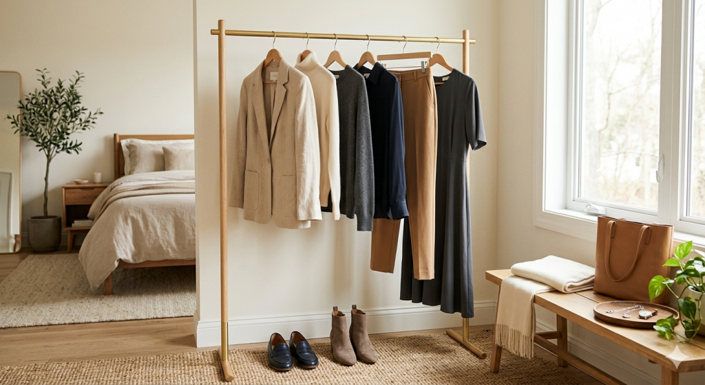 Modern capsule wardrobe essentials for women over 60 in a calm neutral palette
