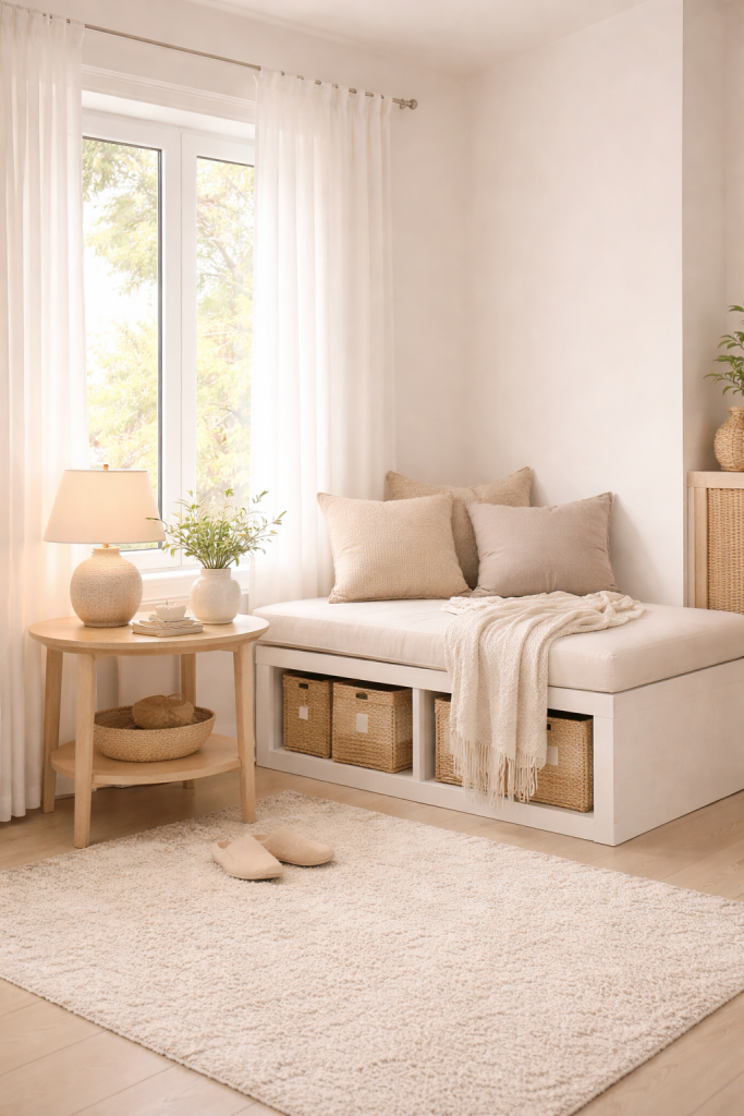 Budget-friendly calm home decor with soft textures, warm lighting and simple styling