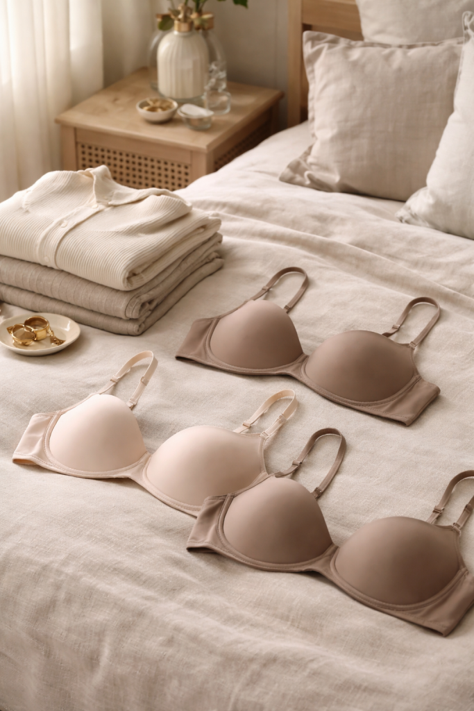 Neatly arranged comfortable bra essentials in a calm neutral bedroom setting