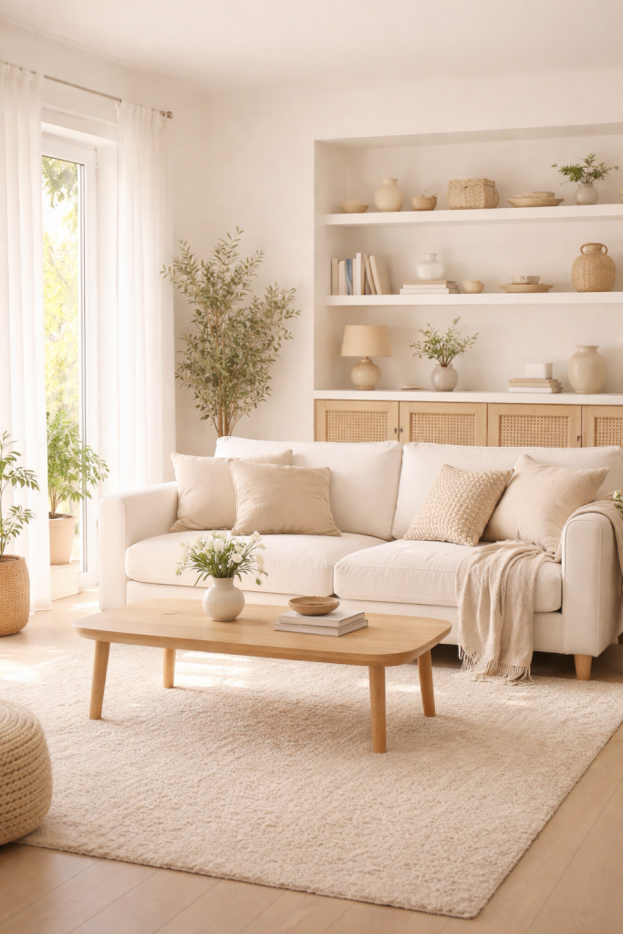 Calm neutral living room with simple decor and uncluttered surfaces