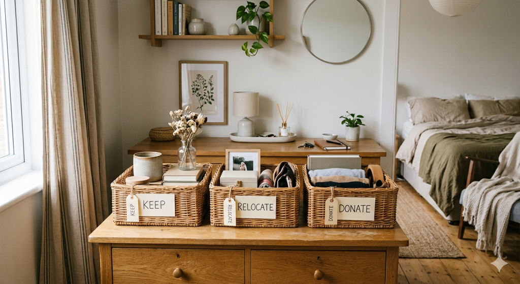 Simple decluttering setup with keep relocate and donate zones in a calm home