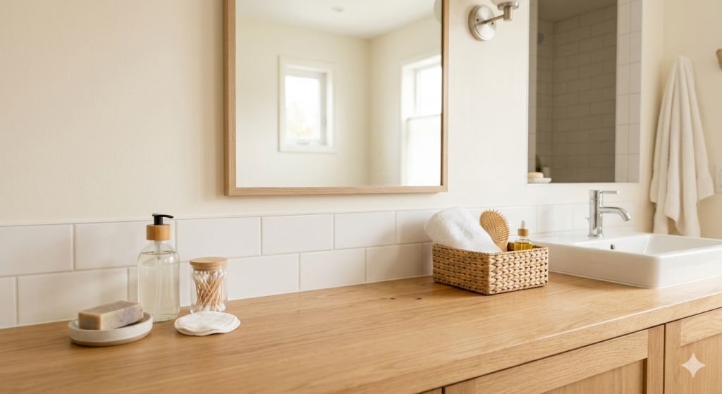 Decluttered bathroom or entryway with simple storage and clear surfaces