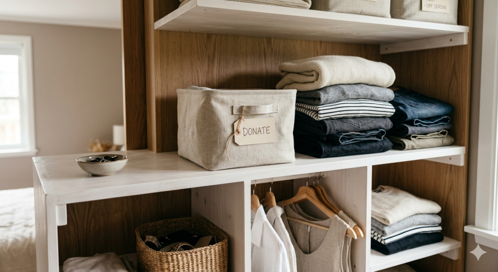Neatly organised wardrobe shelf with folded clothes and decluttering decision bin