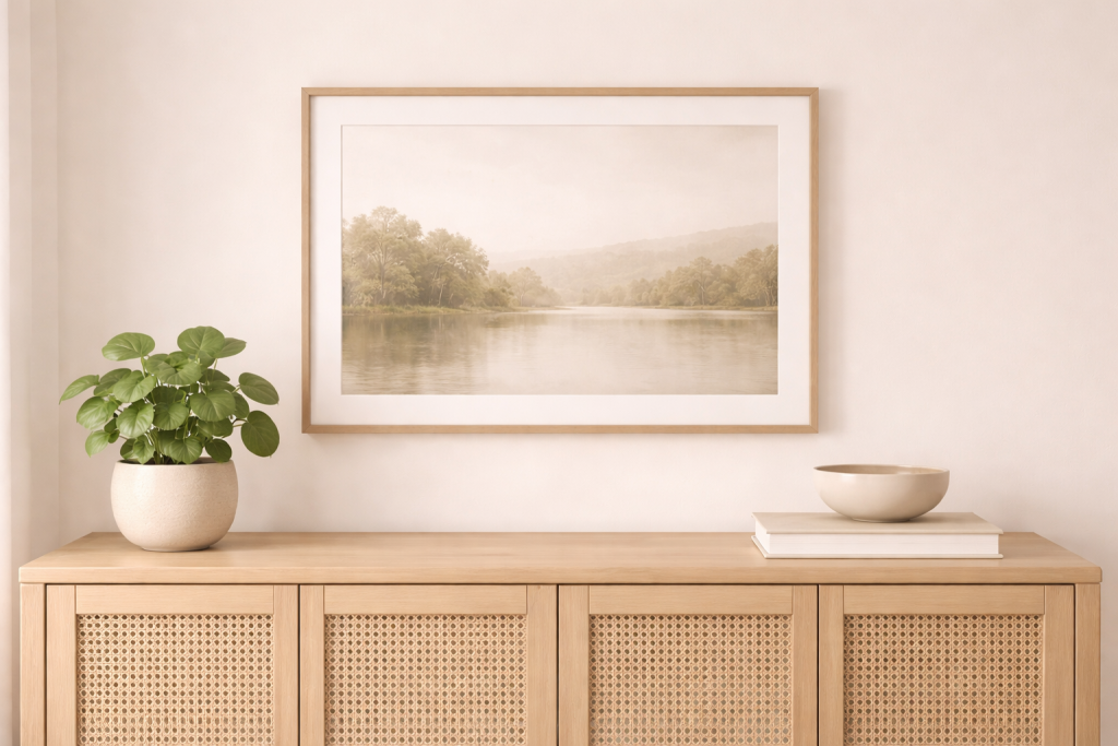 Minimal styled shelf with soft colours and uncluttered spacing