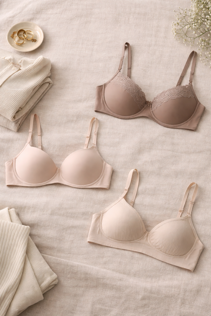 Different supportive bra styles arranged neatly in neutral tones